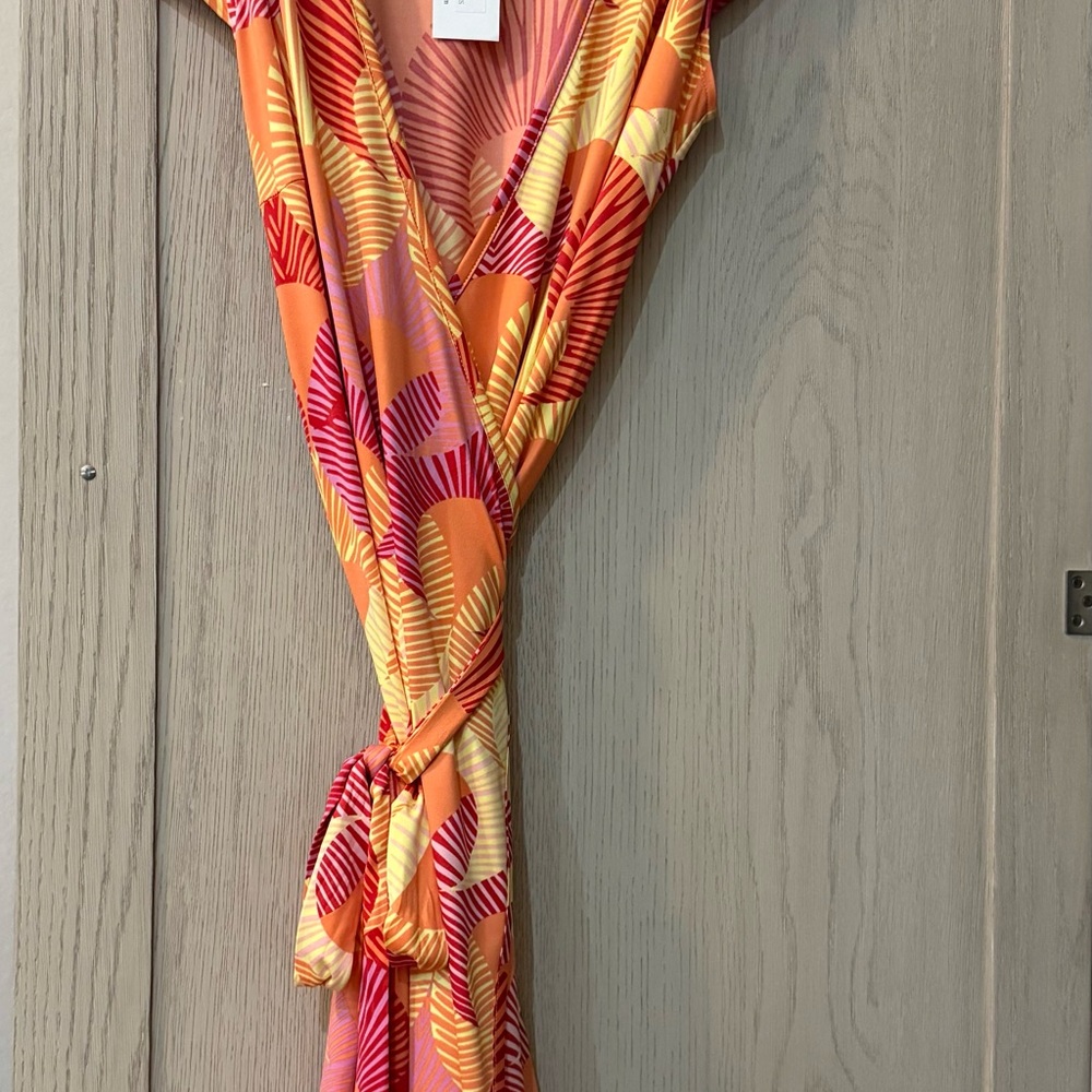 Orange and Pink Asymmetrical Wrap Dress with Flutter Sleeves